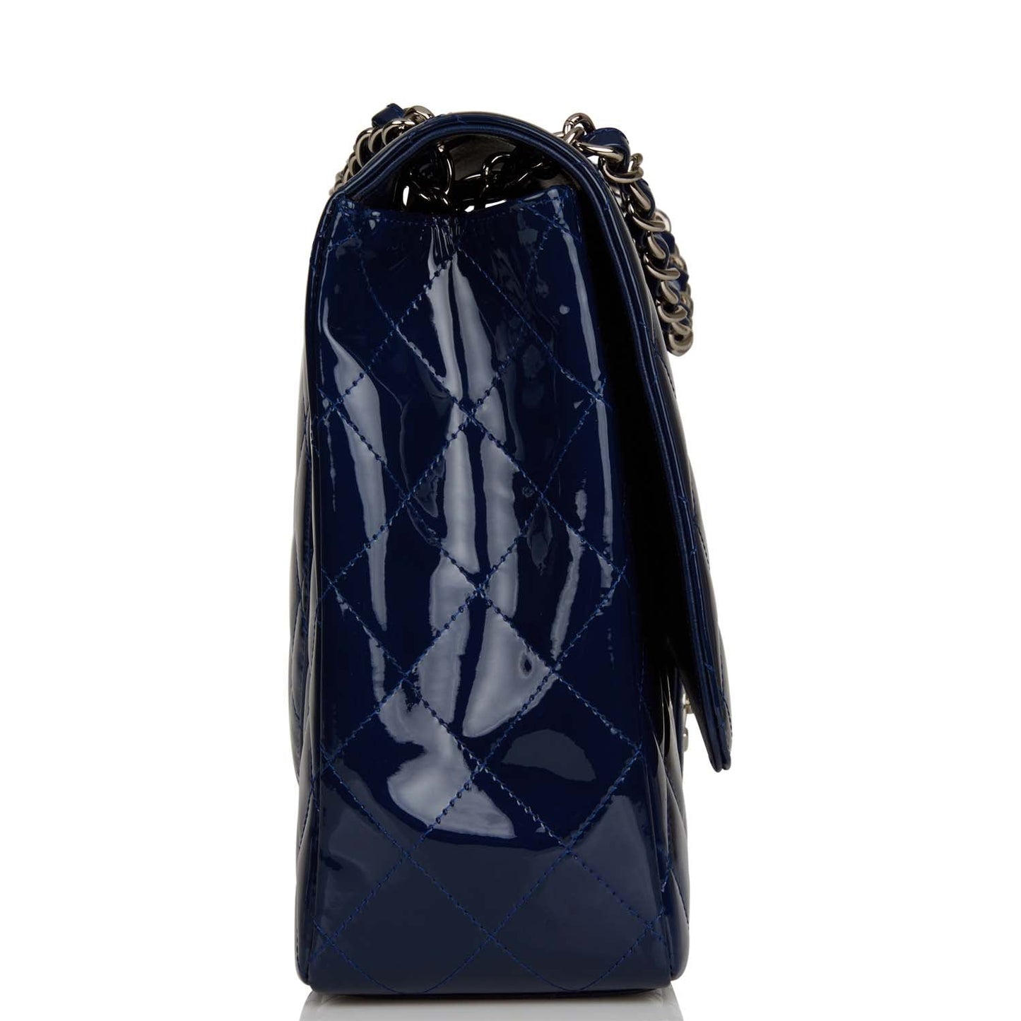 Chanel Maxi Classic Single Flap Bag Dark Blue Patent Silver Hardware Rovelle Bags