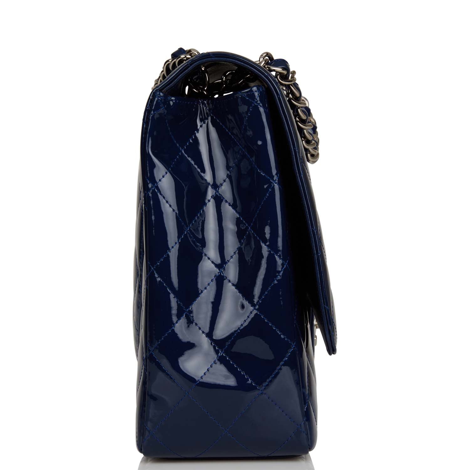 Chanel Maxi Classic Single Flap Bag Dark Blue Patent Silver Hardware Rovelle Bags
