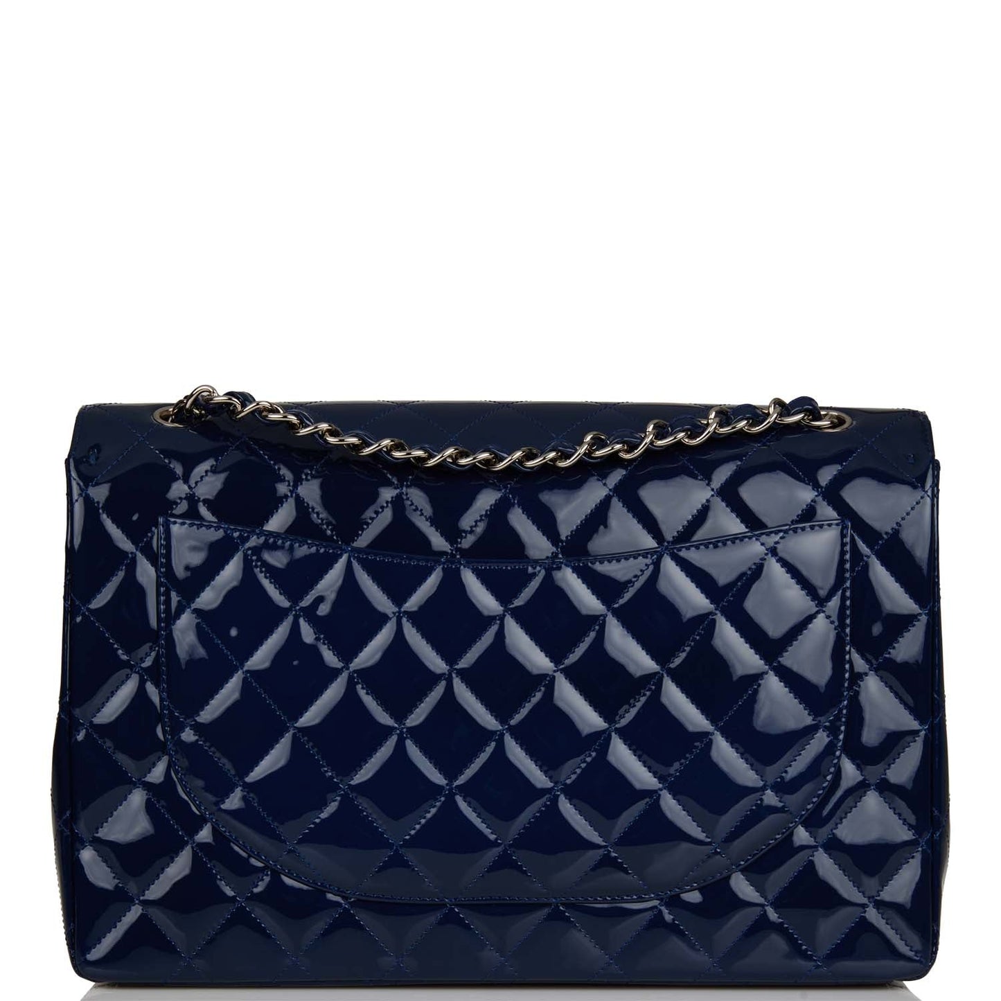 Chanel Maxi Classic Single Flap Bag Dark Blue Patent Silver Hardware Rovelle Bags