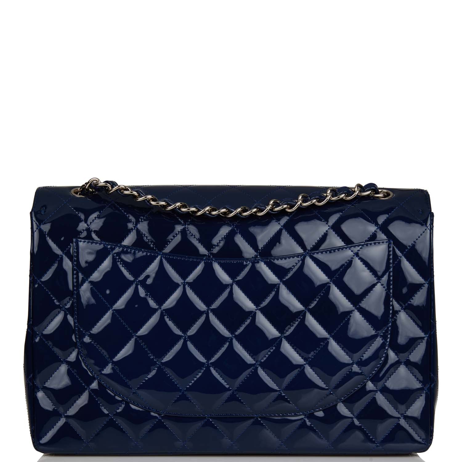 Chanel Maxi Classic Single Flap Bag Dark Blue Patent Silver Hardware Rovelle Bags