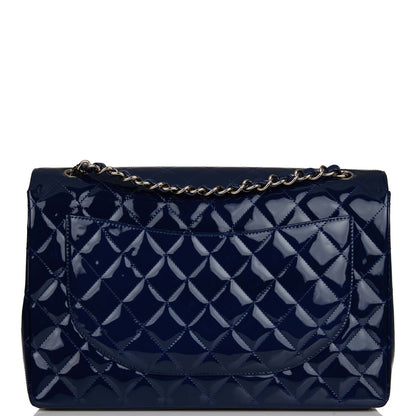 Chanel Maxi Classic Single Flap Bag Dark Blue Patent Silver Hardware Rovelle Bags