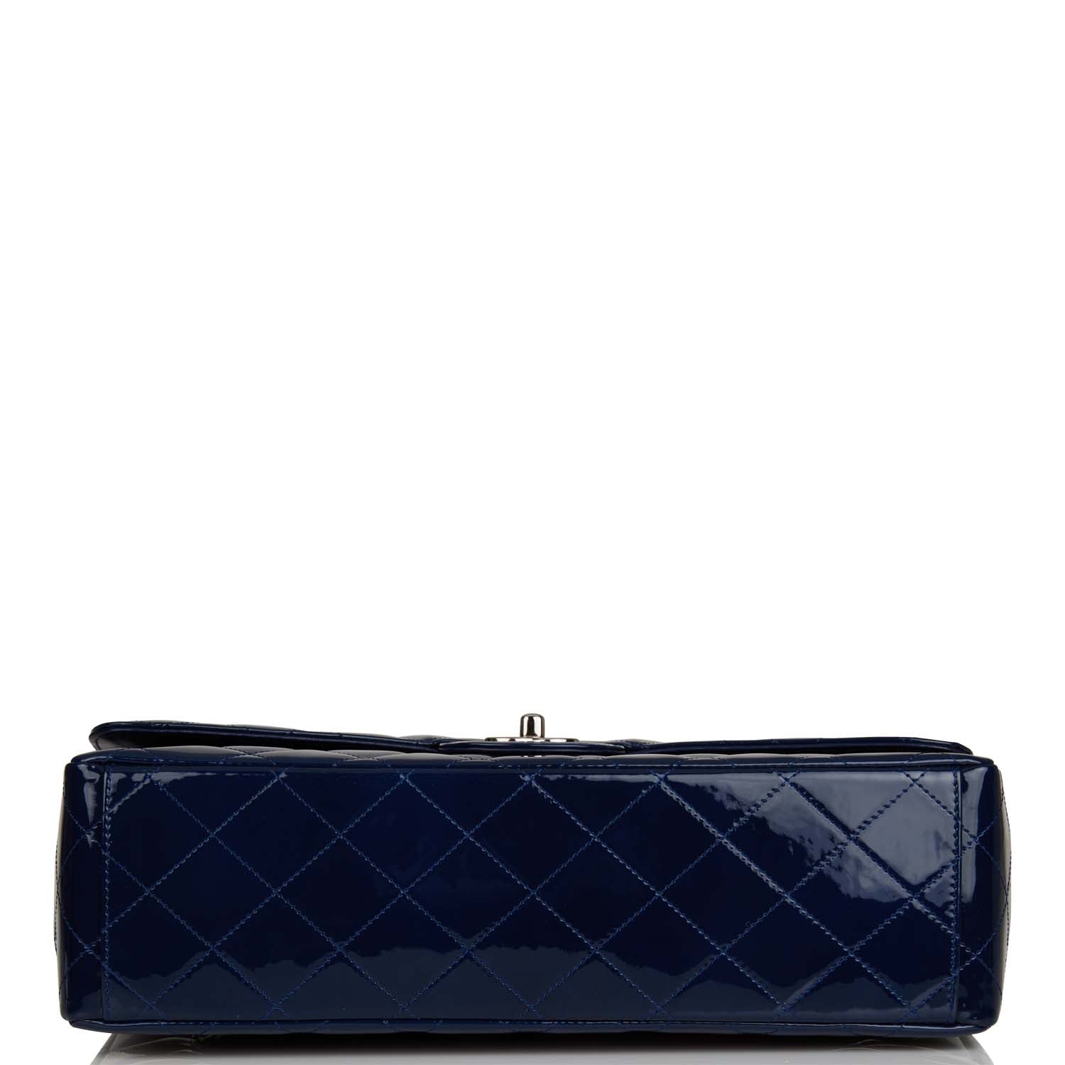 Chanel Maxi Classic Single Flap Bag Dark Blue Patent Silver Hardware Rovelle Bags