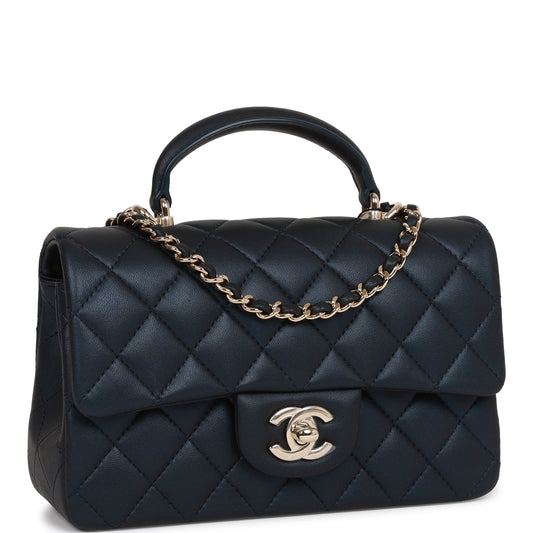 Chanel Mini Rectangular Flap Bag With Top Handle Dark Blue Lambskin Light Gold Hardware Rovelle Bags