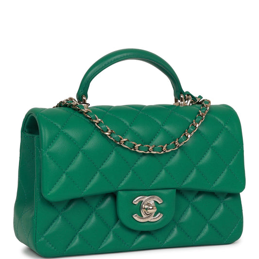 Chanel Mini Rectangular Flap With Top Handle Green Lambskin Light Gold Hardware Rovelle Bags