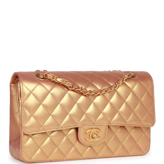 Chanel Medium Classic Double Flap Bag Metallic Iridescent Gold Calfskin Antique Gold Hardware Rovelle Bags