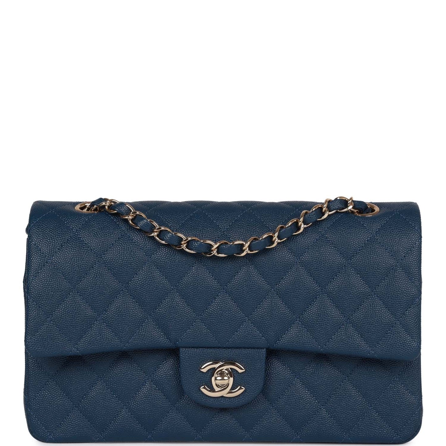 Chanel Medium Classic Double Flap Bag Blue Caviar Light Gold Hardware Rovelle Bags