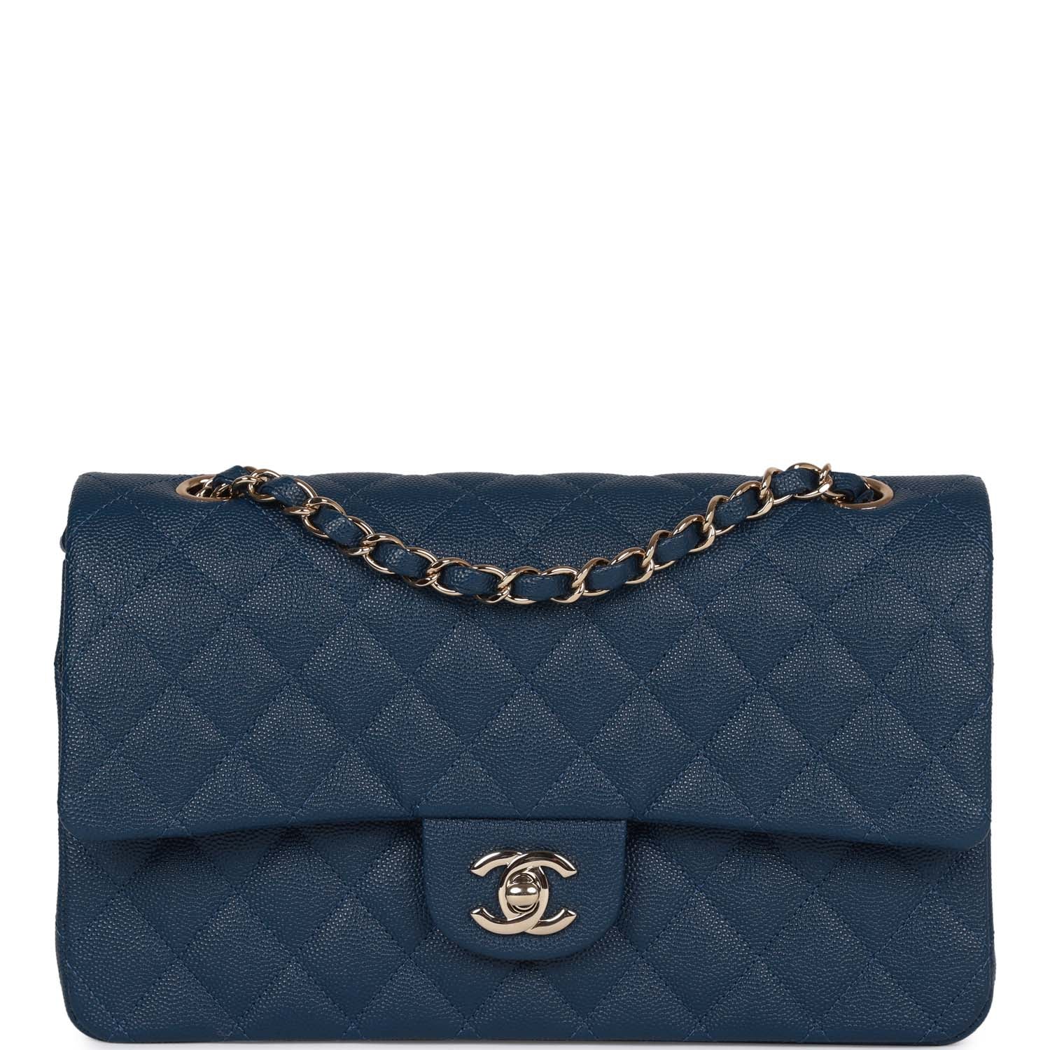 Chanel Medium Classic Double Flap Bag Blue Caviar Light Gold Hardware Rovelle Bags