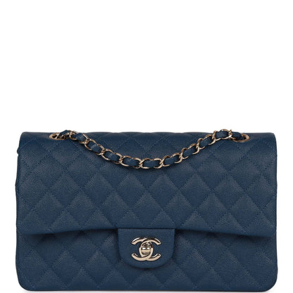 Chanel Medium Classic Double Flap Bag Blue Caviar Light Gold Hardware Rovelle Bags
