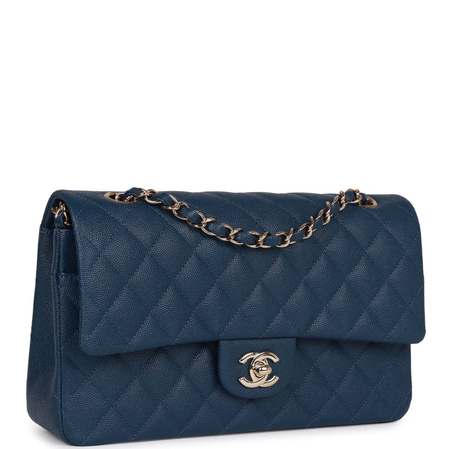 Chanel Medium Classic Double Flap Bag Blue Caviar Light Gold Hardware Rovelle Bags