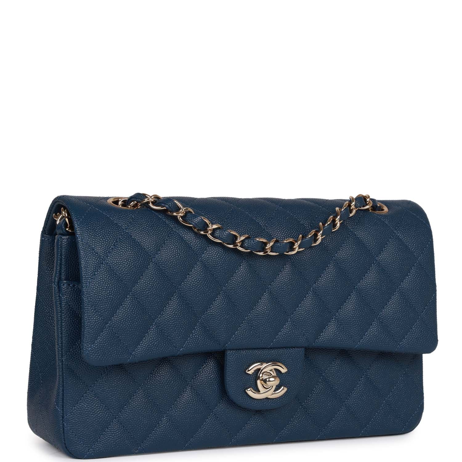 Chanel Medium Classic Double Flap Bag Blue Caviar Light Gold Hardware Rovelle Bags