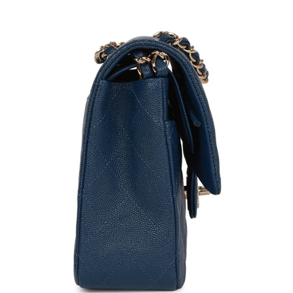 Chanel Medium Classic Double Flap Bag Blue Caviar Light Gold Hardware Rovelle Bags