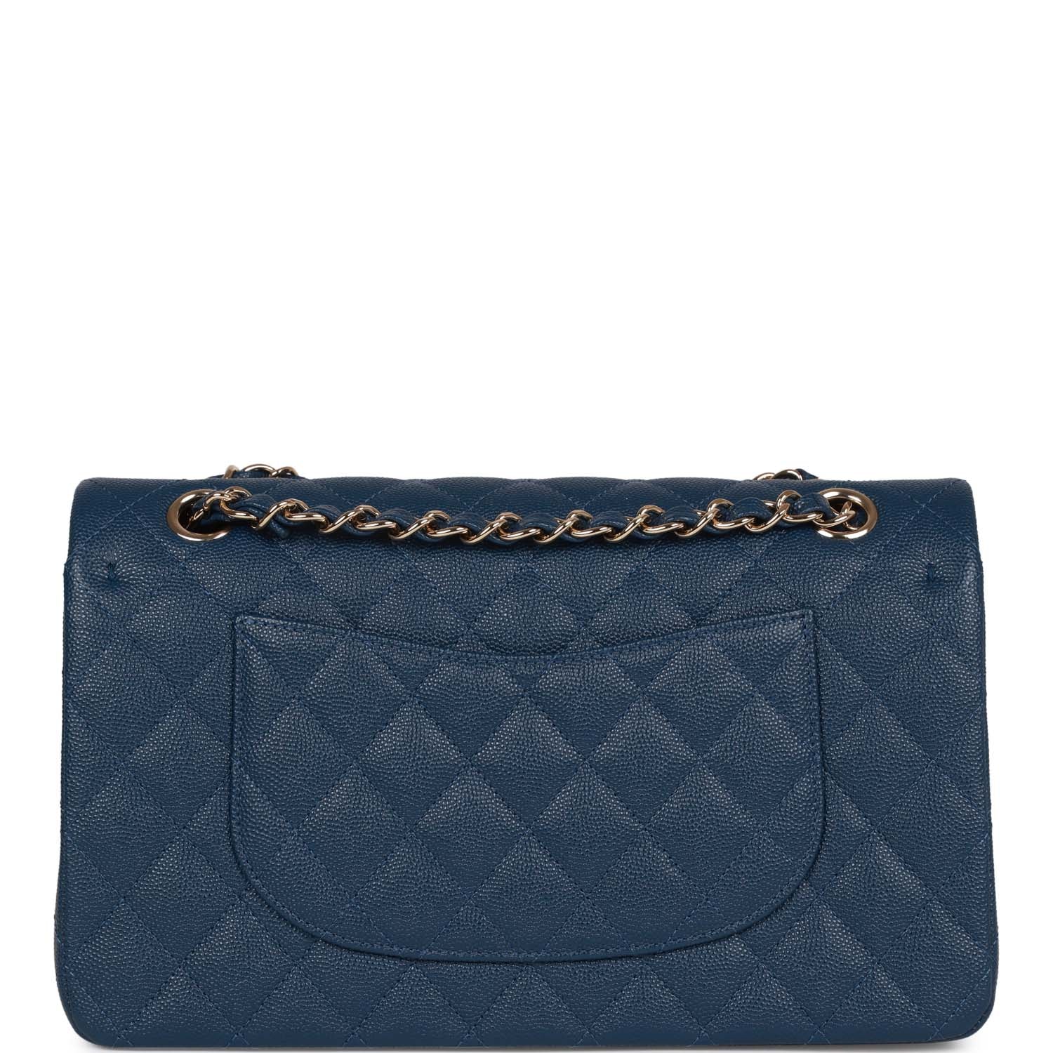 Chanel Medium Classic Double Flap Bag Blue Caviar Light Gold Hardware Rovelle Bags
