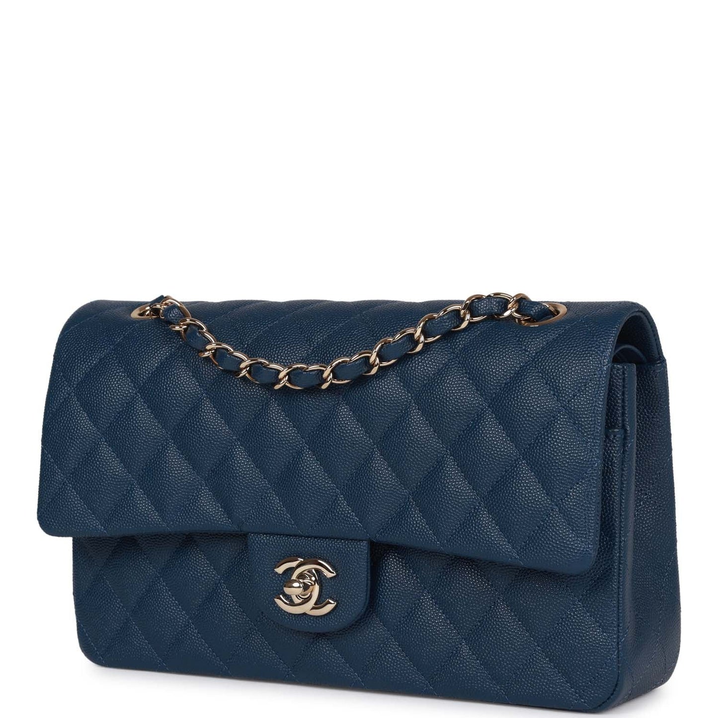 Chanel Medium Classic Double Flap Bag Blue Caviar Light Gold Hardware Rovelle Bags