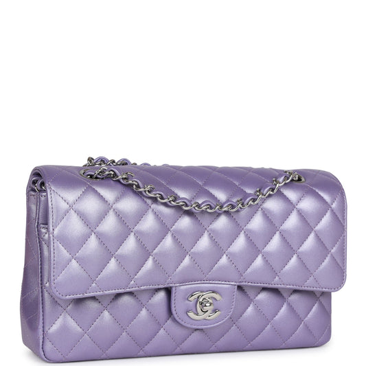 Chanel Medium Classic Double Flap Bag Purple Metallic Lambskin Silver Hardware Rovelle Bags