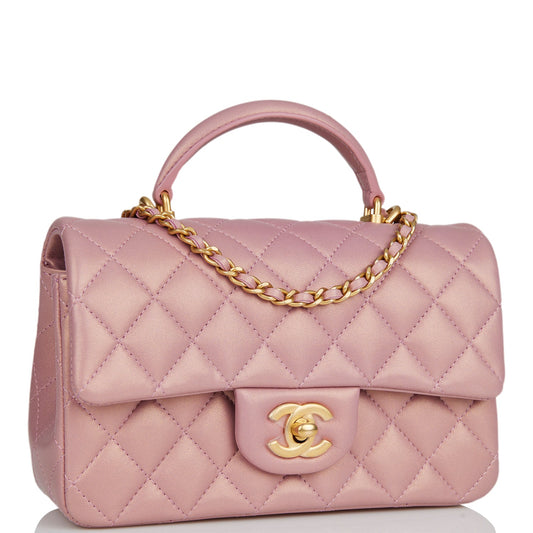 Chanel Mini Rectangular Flap Bag With Top Handle Pink Iridescent Lambskin Antique Gold Hardware Rovelle Bags