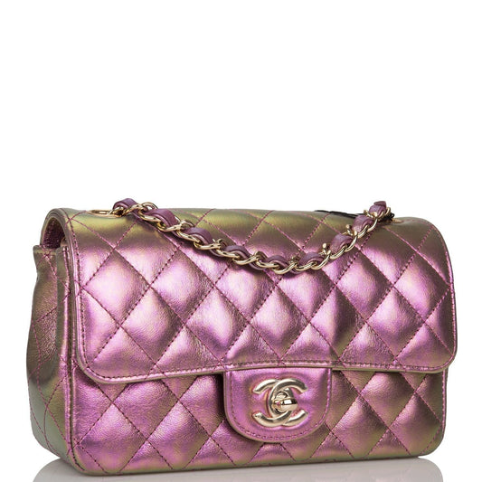 Chanel Mini Rectangular Flap Bag Purple Iridescent Lambskin Light Gold Hardware Rovelle Bags