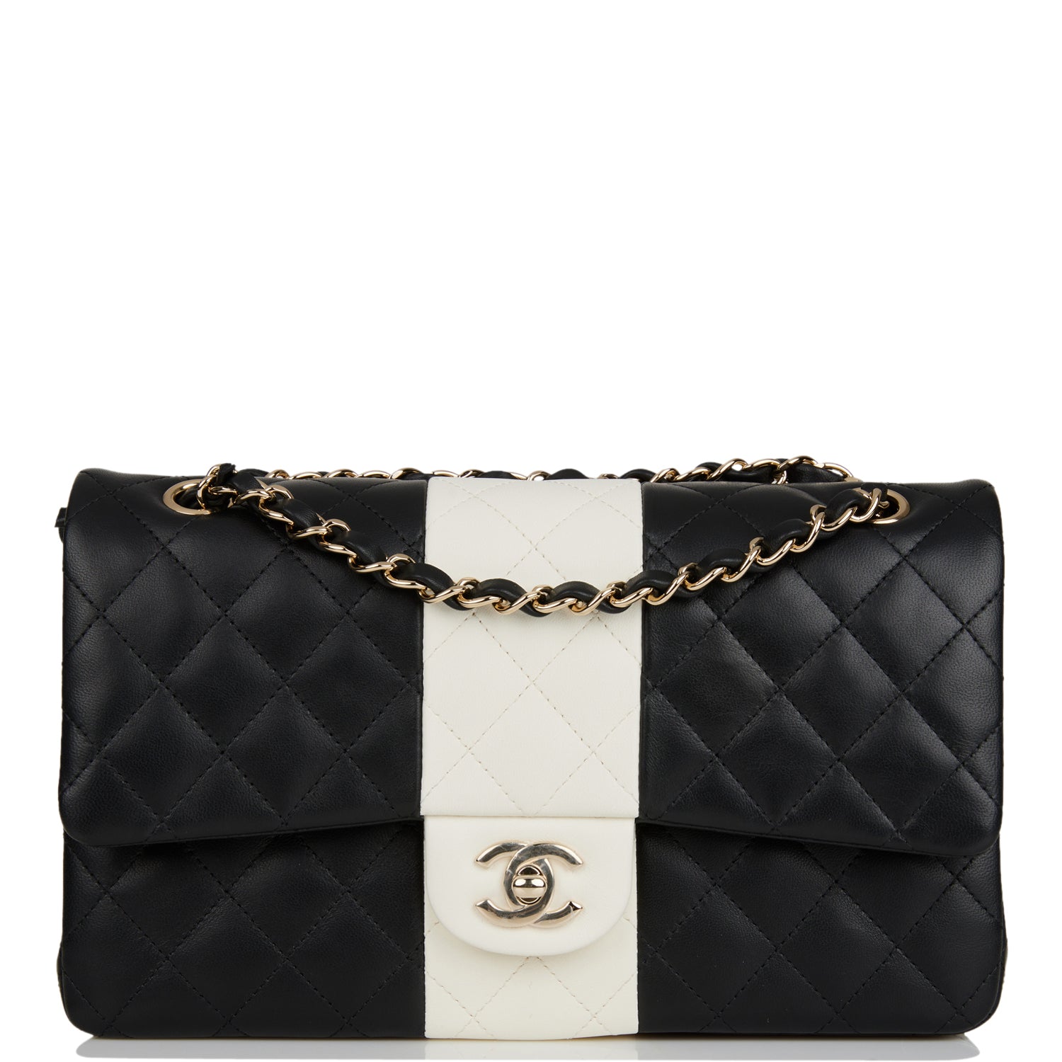 Chanel Medium Classic Double Flap Bag Black And White Lambskin Light Gold Hardware Rovelle Bags