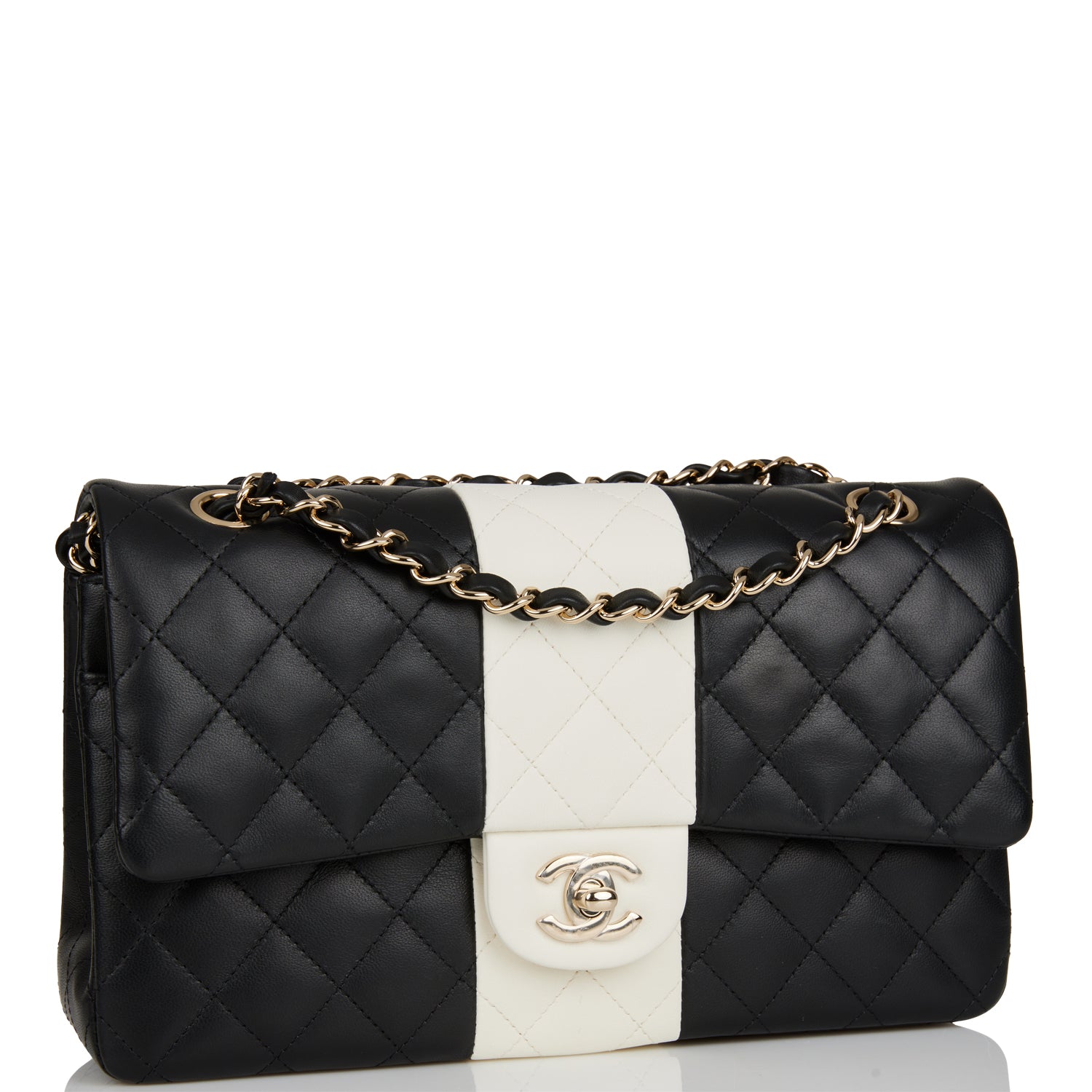 Chanel Medium Classic Double Flap Bag Black And White Lambskin Light Gold Hardware Rovelle Bags