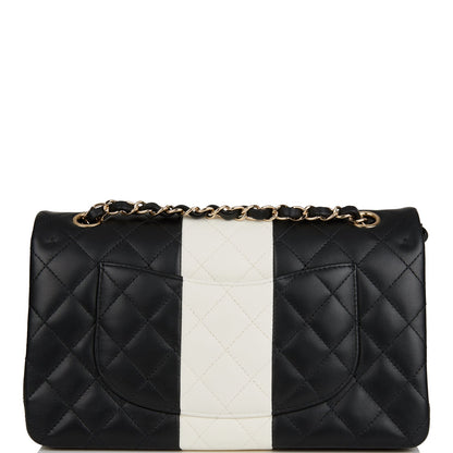 Chanel Medium Classic Double Flap Bag Black And White Lambskin Light Gold Hardware Rovelle Bags