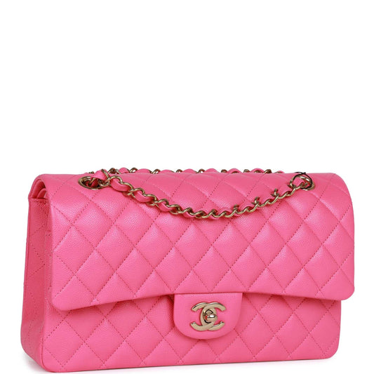 Chanel Medium Classic Double Flap Bag Hot Pink Caviar Gold Hardware Rovelle Bags