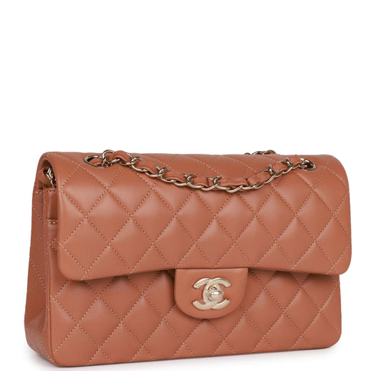 Chanel Small Classic Double Flap Bag Caramel Brown Lambskin Light Gold Hardware Rovelle Bags