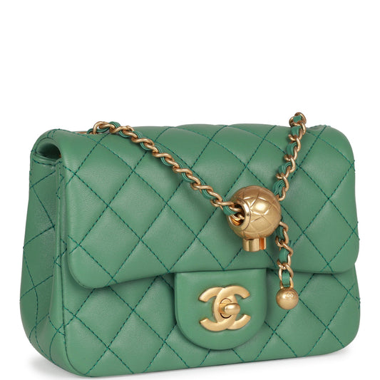Chanel Pearl Crush Mini Square Flap Bag Dark Green Lambskin Antique Gold Hardware Rovelle Bags