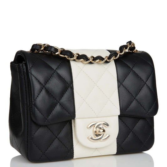Chanel Mini Square Flap Bag Black And White Lambskin Light Gold Hardware Rovelle Bags