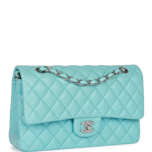 Chanel Medium Classic Double Flap Bag Tiffany Blue Lambskin Silver Hardware Rovelle Bags