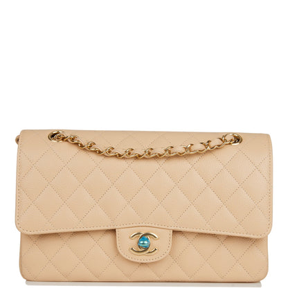 Chanel Medium Classic Double Flap Bag Beige Quilted Caviar Gold Hardware Rovelle Bags