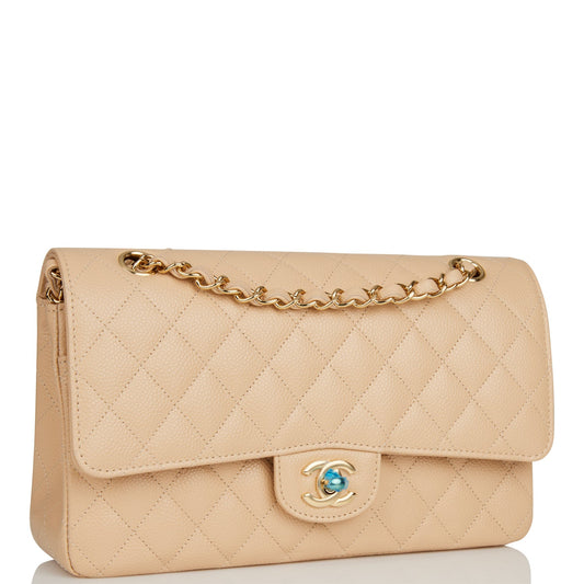 Chanel Medium Classic Double Flap Bag Beige Quilted Caviar Gold Hardware Rovelle Bags
