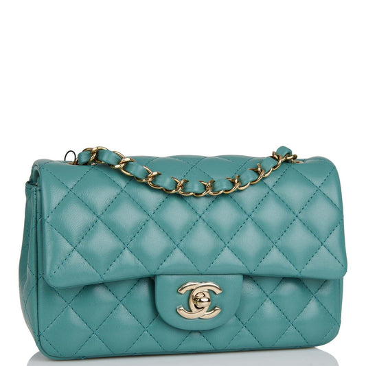 Chanel Mini Rectangular Flap Bag Turquoise Lambskin Light Gold Hardware Rovelle Bags
