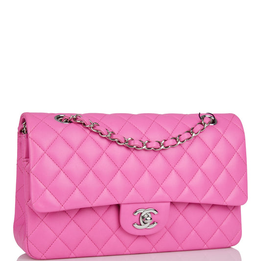 Chanel Medium Classic Double Flap Bag Neon Pink Quilted Lambskin Silver Hardware Rovelle Bags