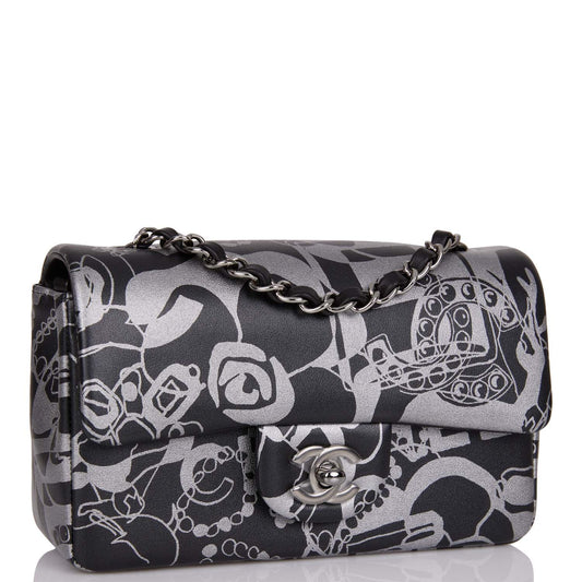 Chanel Mini Rectangular Flap Bag Black And Silver Printed Lambskin Silver Hardware Rovelle Bags
