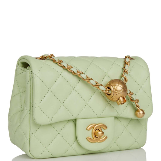 Chanel Pearl Crush Mini Square Flap Bag Light Green Lambskin Antique Gold Hardware Rovelle Bags