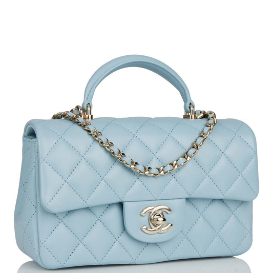 Chanel Mini Rectangular Flap With Top Handle Blue Lambskin Light Gold Hardware Rovelle Bags