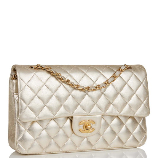 Chanel Medium Classic Double Flap Bag Gold Iridescent Lambskin Antique Gold Hardware Rovelle Bags