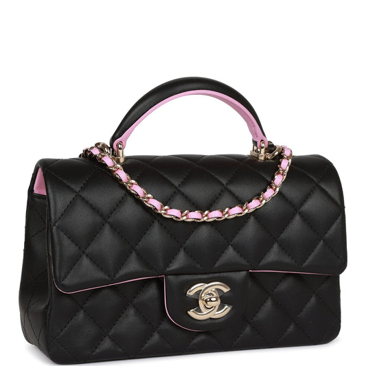 Chanel Mini Rectangular Flap Bag With Top Handle Black And Pink Lambskin Light Gold Hardware Rovelle Bags