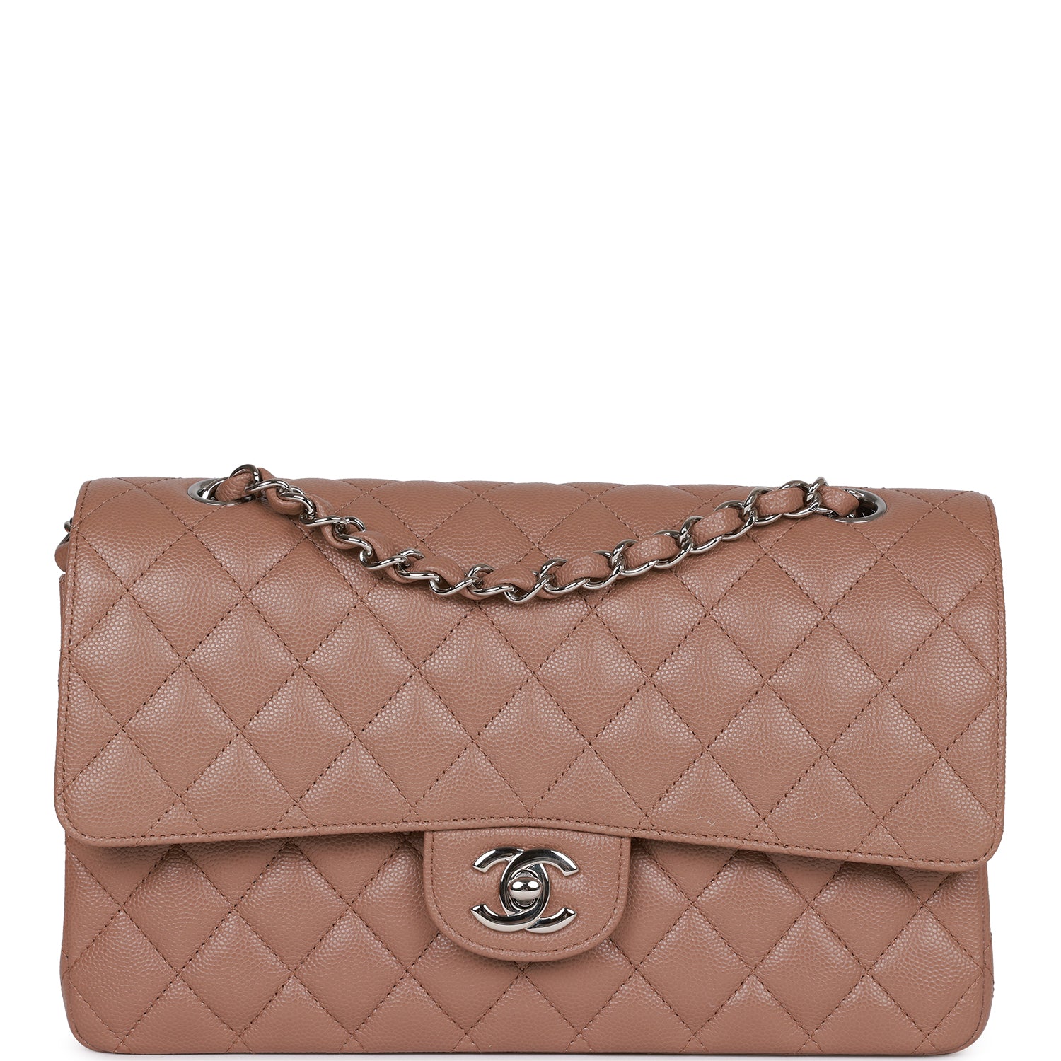 Chanel Medium Classic Double Flap Bag Beige Caviar Silver Hardware Rovelle Bags