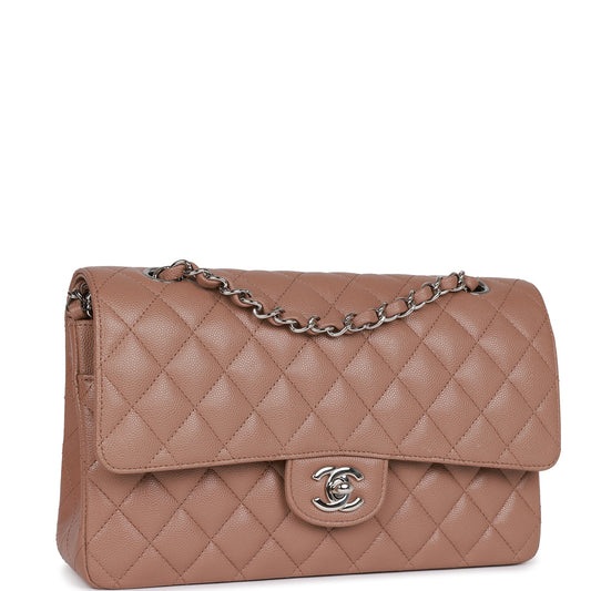 Chanel Medium Classic Double Flap Bag Beige Caviar Silver Hardware Rovelle Bags