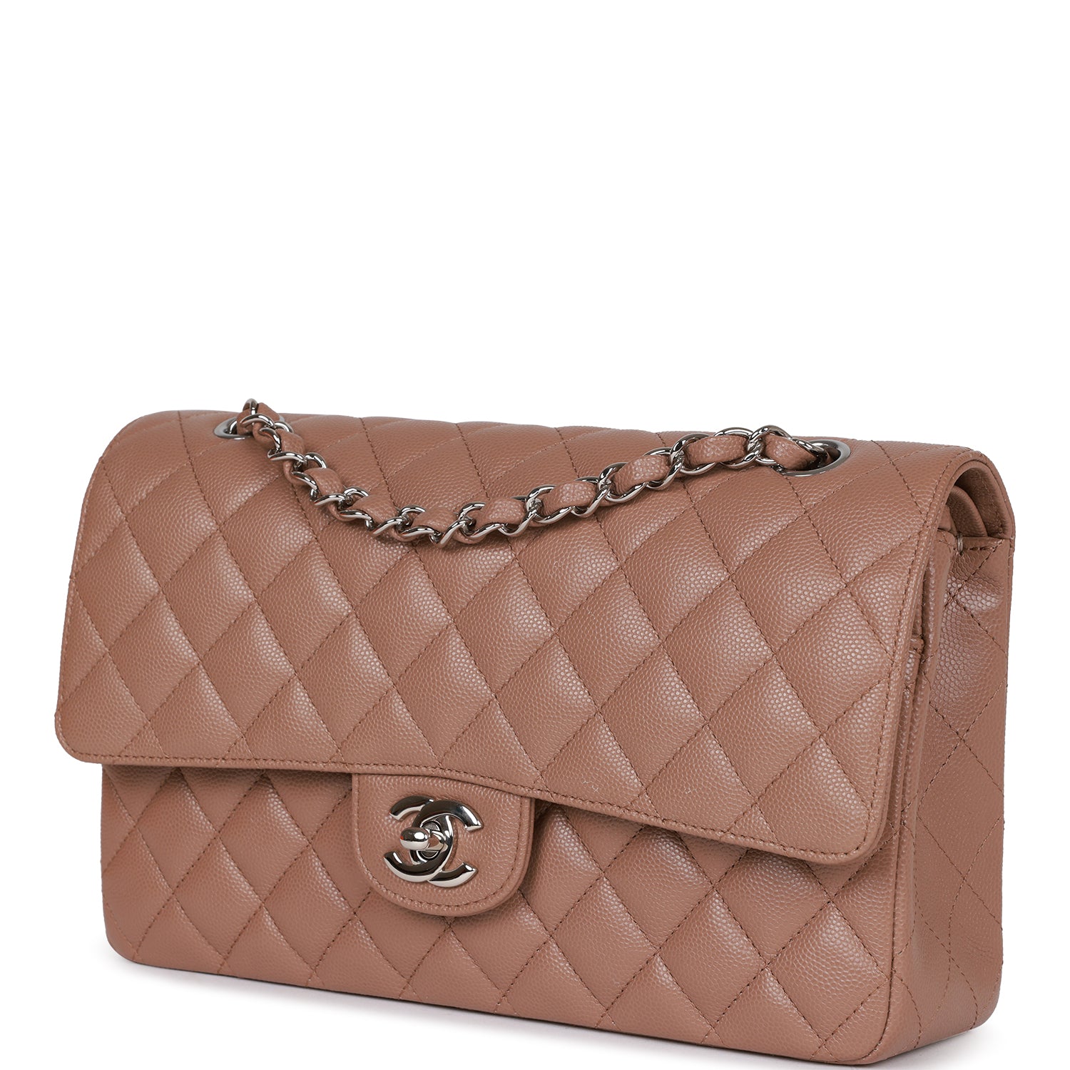 Chanel Medium Classic Double Flap Bag Beige Caviar Silver Hardware Rovelle Bags