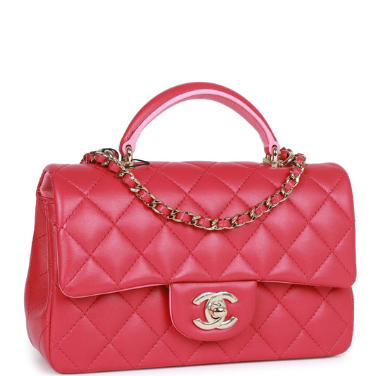 Chanel Mini Rectangular Flap With Top Handle Pink Lambskin Light Gold Hardware Rovelle Bags
