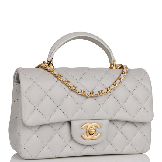 Chanel Mini Rectangular Flap Bag With Top Handle Grey Lambskin Antique Gold Hardware Rovelle Bags