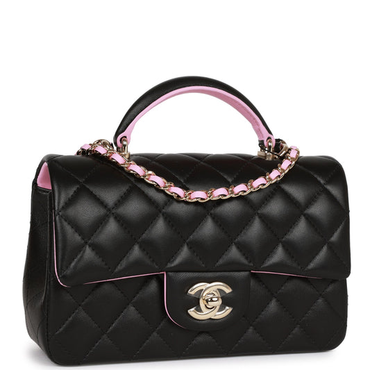 Chanel Mini Rectangular Flap With Top Handle Black And Pink Lambskin Light Gold Hardware Rovelle Bags