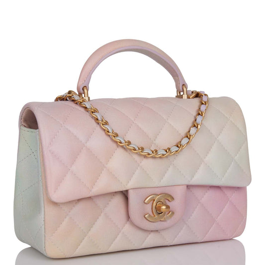 Chanel Mini Rectangular Flap Bag With Top Handle Light Pink Ombre Lambskin Antique Gold Hardware Rovelle Bags