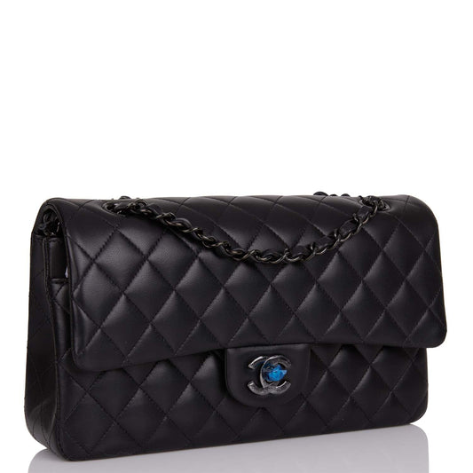 Chanel Medium Classic Double Flap Bag So Black Lambskin Quilted Black Hardware Rovelle Bags