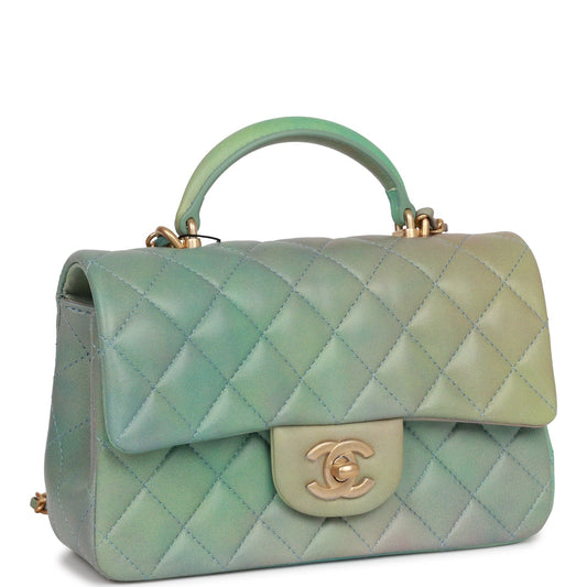 Chanel Mini Rectangular Flap Bag With Top Handle Green Ombre Lambskin Antique Gold Hardware Rovelle Bags