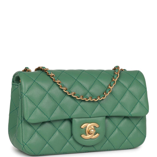 Chanel Pearl Crush Mini Rectangular Flap Bag Dark Green Lambskin Antique Gold Hardware Rovelle Bags