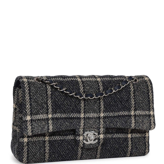 Chanel Medium Classic Double Flap Bag Navy Tweed Silver Hardware Rovelle Bags