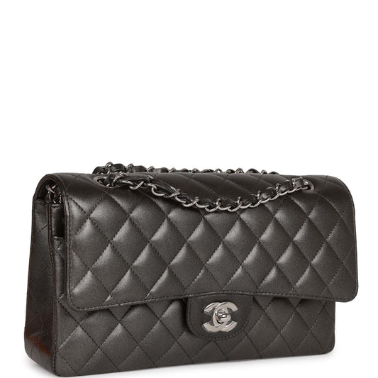 Chanel Medium Classic Double Flap Bag Metallic Grey Lambskin Silver Hardware Rovelle Bags
