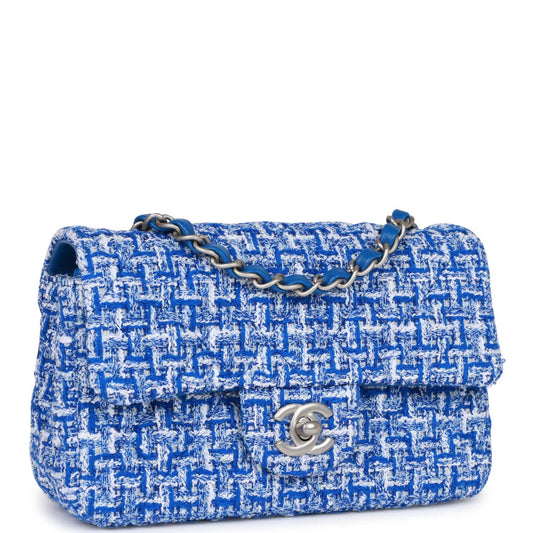 Chanel Mini Rectangular Flap Bag Blue Tweed Aged Silver Hardware Rovelle Bags